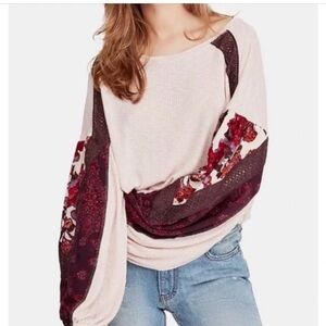 Free People Lace Floral Wide Sleeve Waffle Knit Mixed Top Blouse
